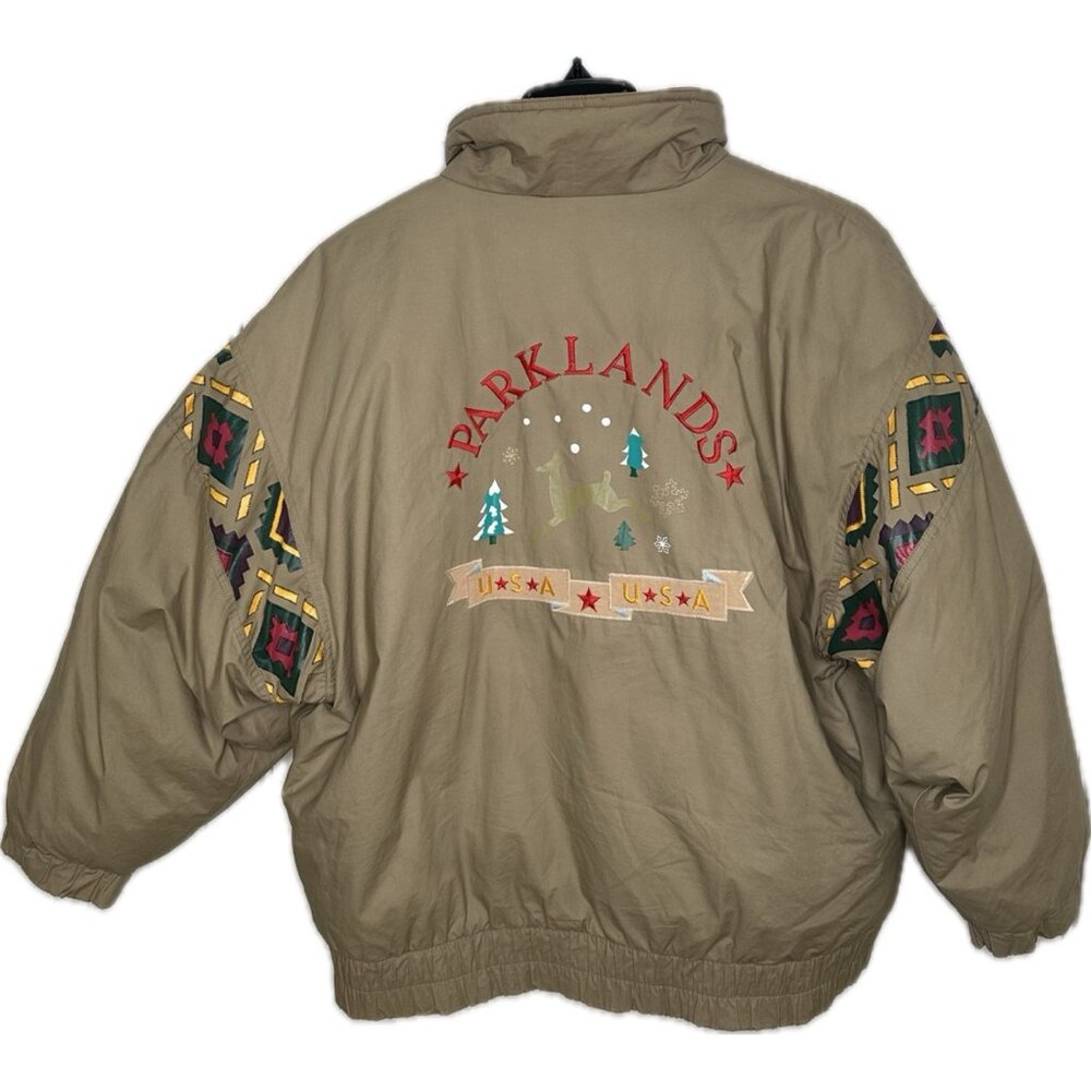 Vintage Parklands USA Down Jacket Southwestern Aztec Puffer L Leslie Fay